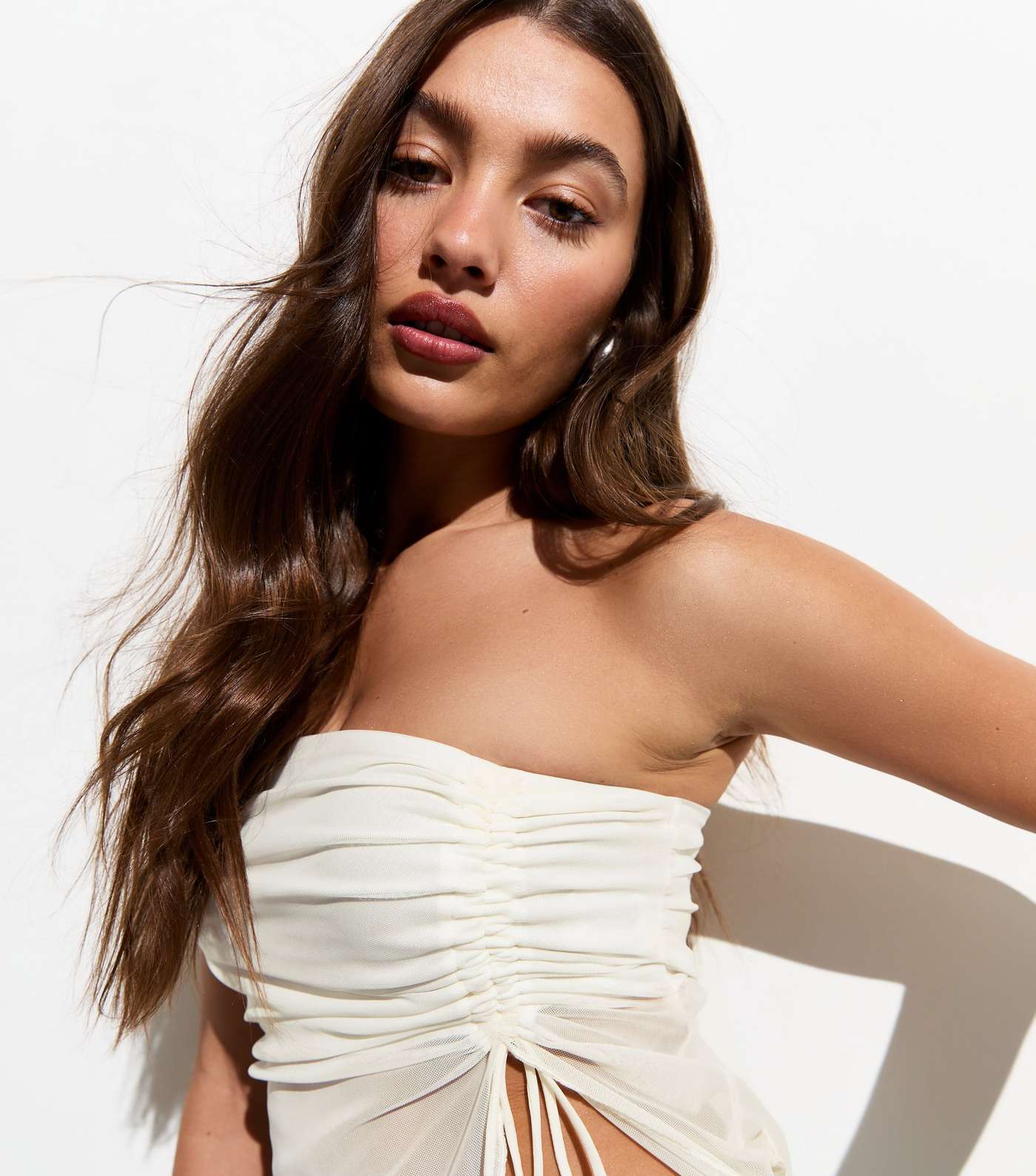 Off White Mesh Ruched Bandeau Top Image 2