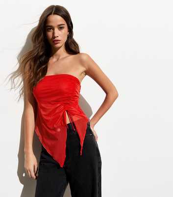 Red Mesh Ruched Bandeau Top
