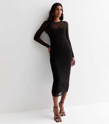 Black Mesh Long Sleeve Midi Dress