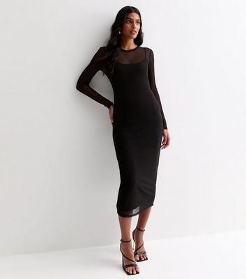 Black Mesh Long Sleeve Midi Dress New Look