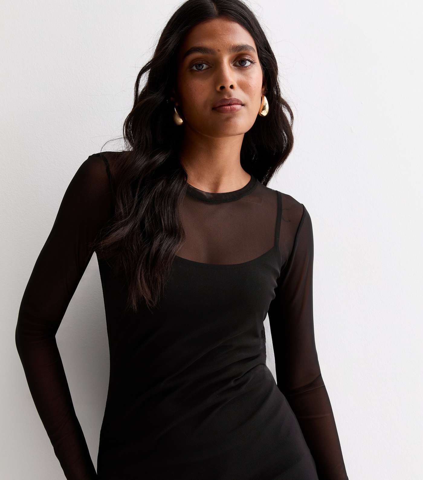 Black Mesh Long Sleeve Midi Dress Image 2