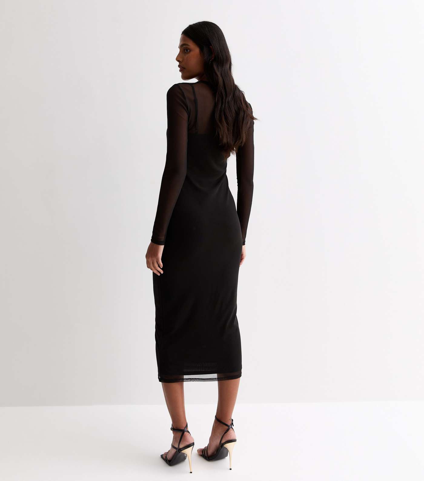 Black Mesh Long Sleeve Midi Dress Image 4