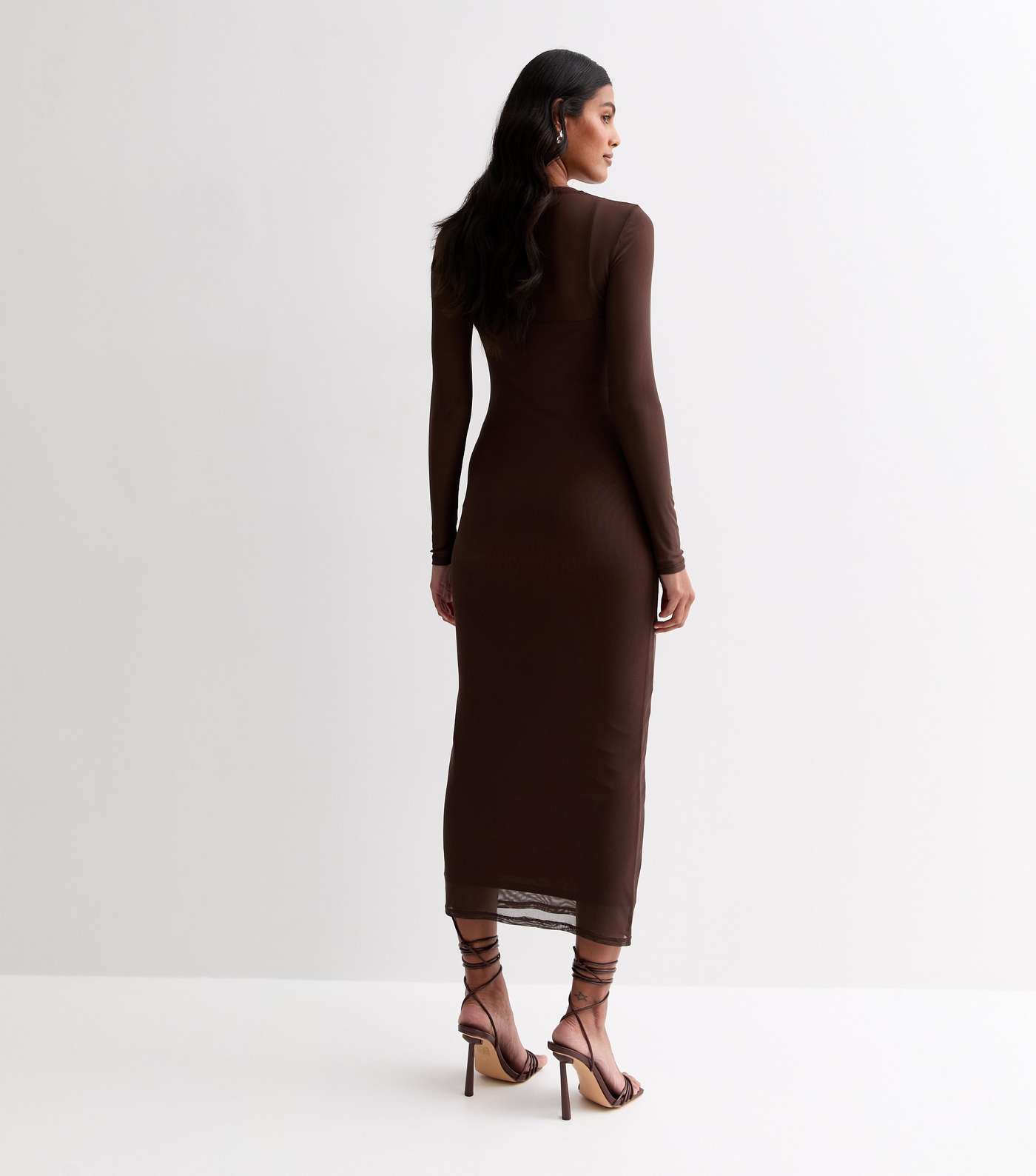 Rust Mesh Long Sleeve Midi Dress Image 4