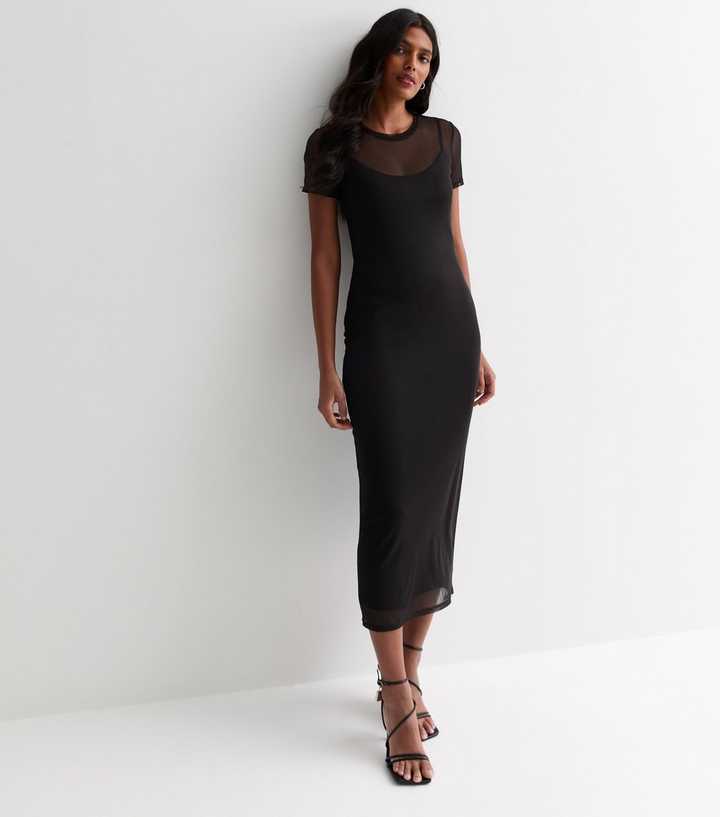 Black Mesh Short-Sleeved Midi Dress