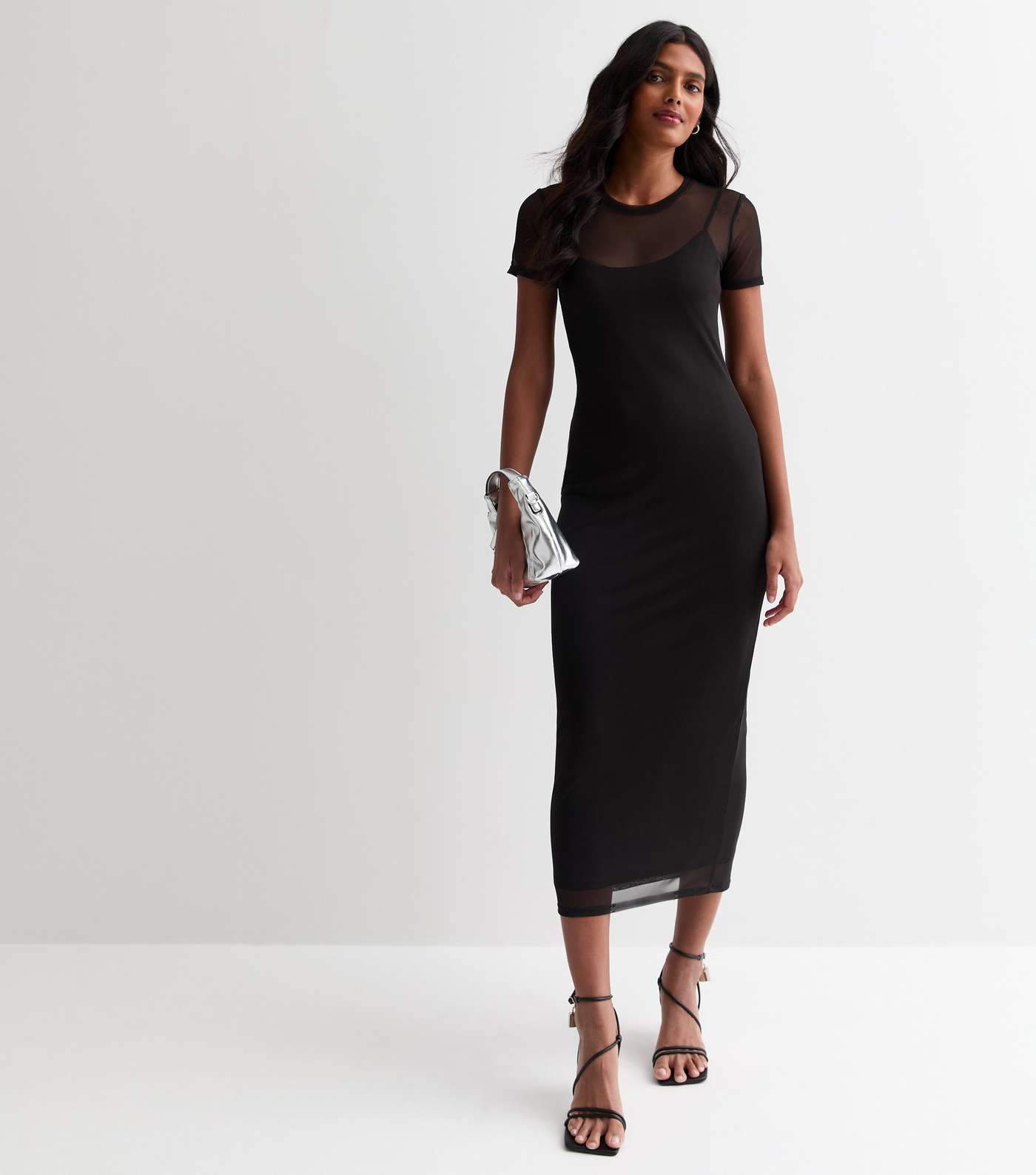 Black Mesh Short Sleeve Midi Dress Image 3
