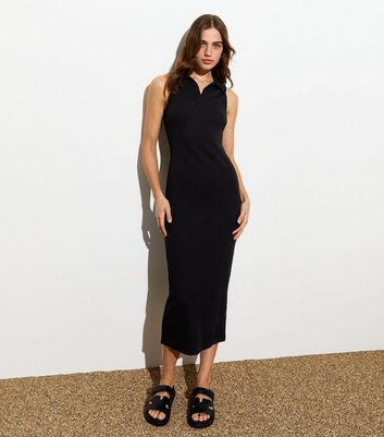 Black Collared Sleeveless Ribbed Midi Dress New Look