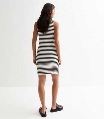White Stripe Ribbed Collared Mini Dress New Look