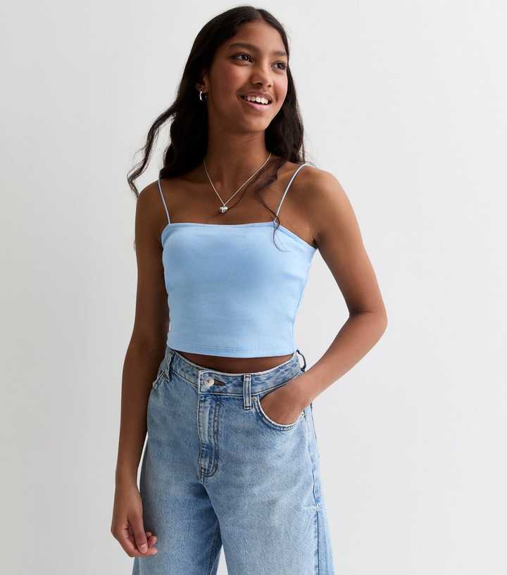 Girls Blue Ribbed Spaghetti Strap Cami Top