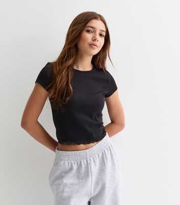 Girls Black Lace Hem T-Shirt