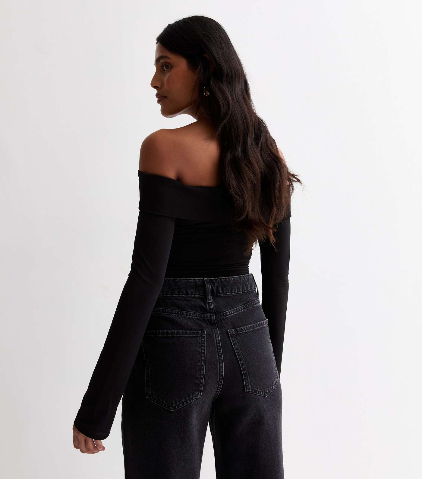 Black Bardot Long Sleeve Thong Bodysuit Image 4