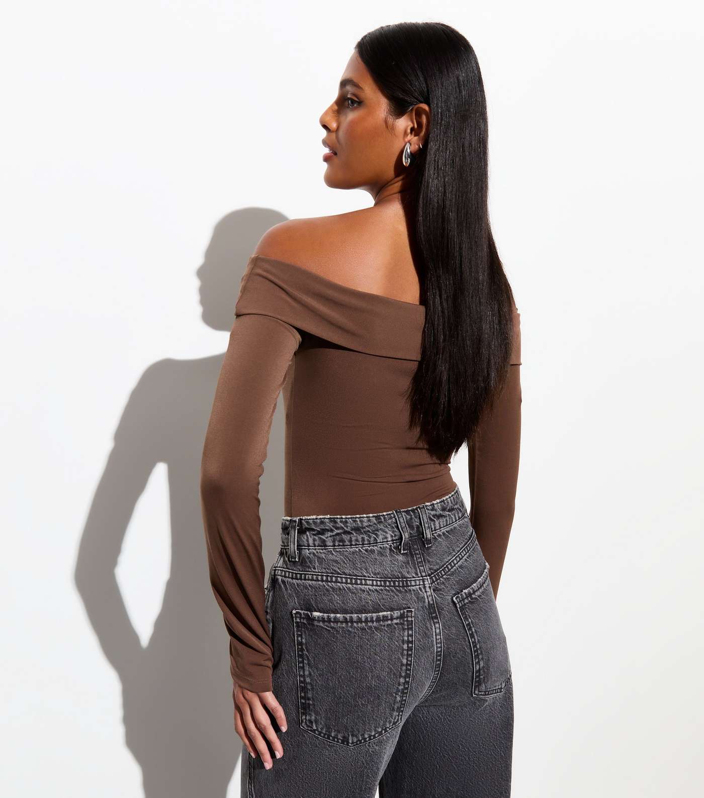 Dark Brown Bardot Long Sleeve Thong Bodysuit Image 4