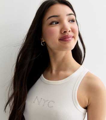 Girls Off White Ribbed Diamanté NYC Racer Vest