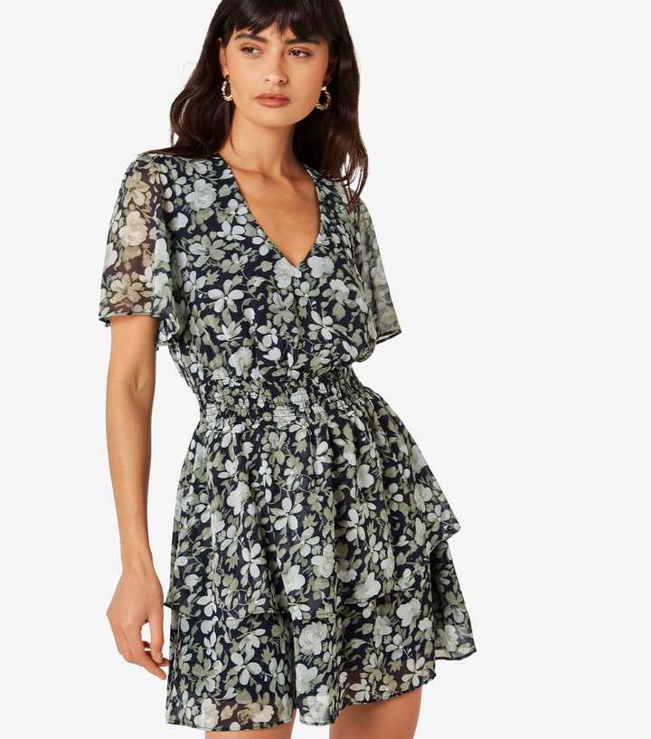Apricot Navy Floral Shirred Tiered Mini Dress