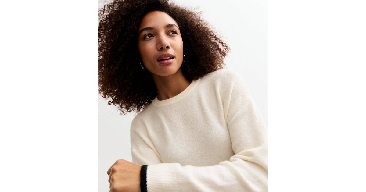 White Contrast Trim Knit Crew Neck Jumper | New Look