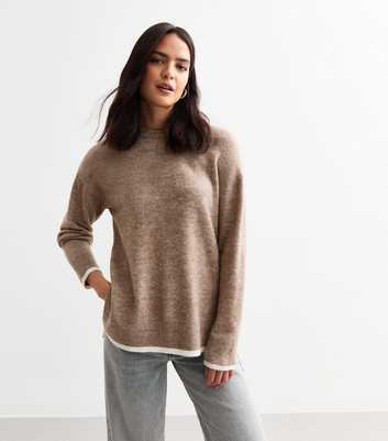 Brown Contrast Trim Knit Crew Neck Jumper