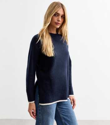 Navy Contrast Trim Knit Crew Neck Jumper