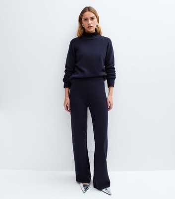 Navy Knit Wide Leg Trousers