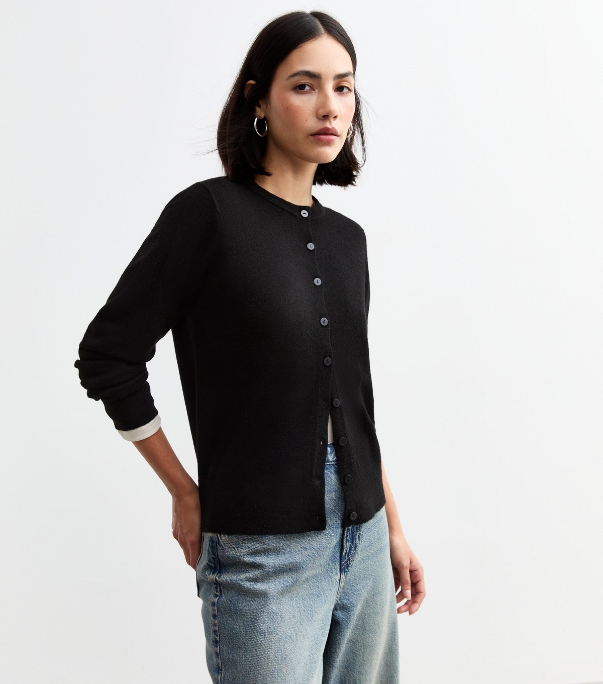 Women's Black Fine Knit Crew Neck Cardigan New Look