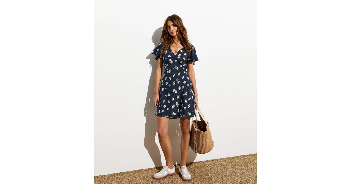 Blue Floral Print Frill Sleeve Mini Dress | New Look