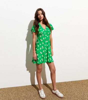 Green Floral Print Mini Dress New Look