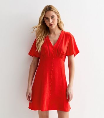 Red Button Front Mini Tea Dress New Look