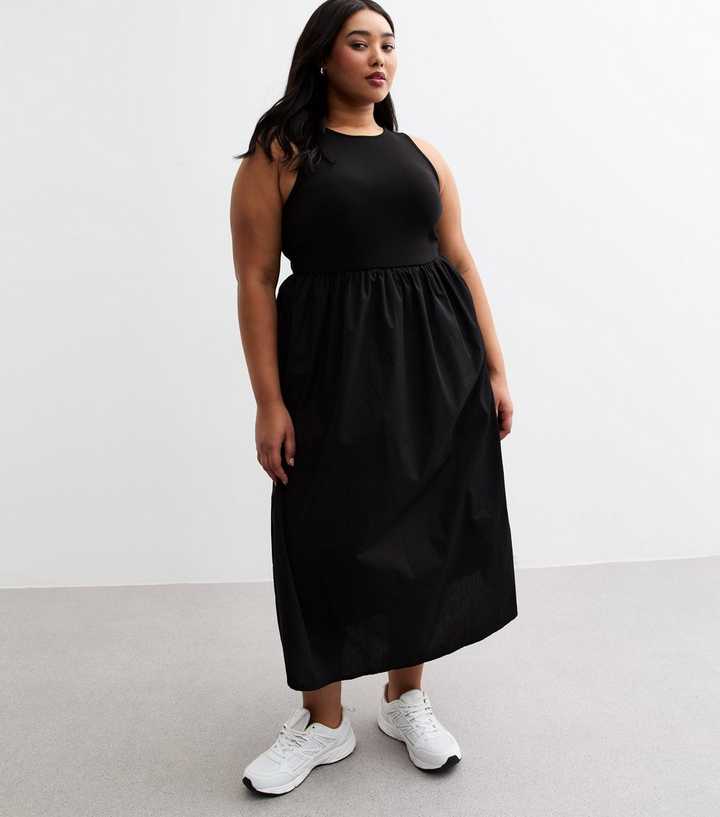 Curves Black Jersey Poplin Midi Dress