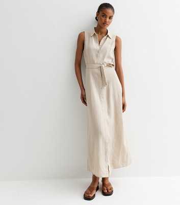 Tall Stone Linen-Blend Belted Midi Shirt Dress