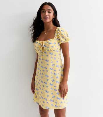 Petite Yellow Floral-Print Square-Neck Mini Dress