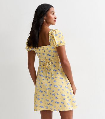 Petite Yellow Floral-Print Square-Neck Mini Dress New Look