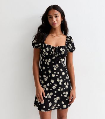 Petite Black Floral-Print Mini Dress New Look