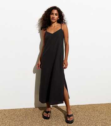 Petite Black Strappy Slip Midi Dress