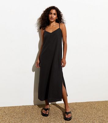 Petite Black Strappy Slip Midi Dress New Look