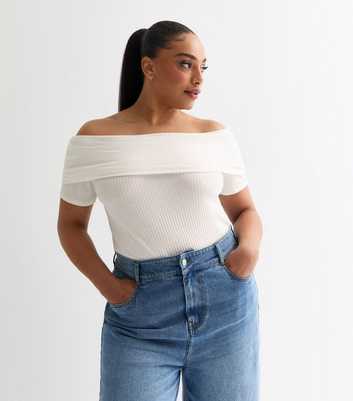 Curves White Ribbed Short Sleeve Bardot Top