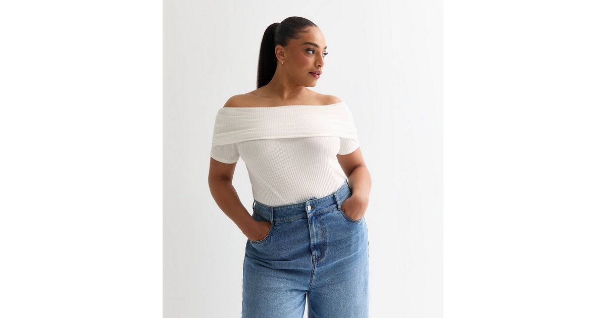 Curves White Ribbed Short Sleeve Bardot Top | New Look