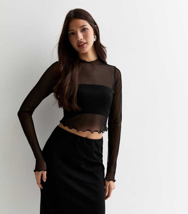 Sheer Mesh High Neck Crop Top