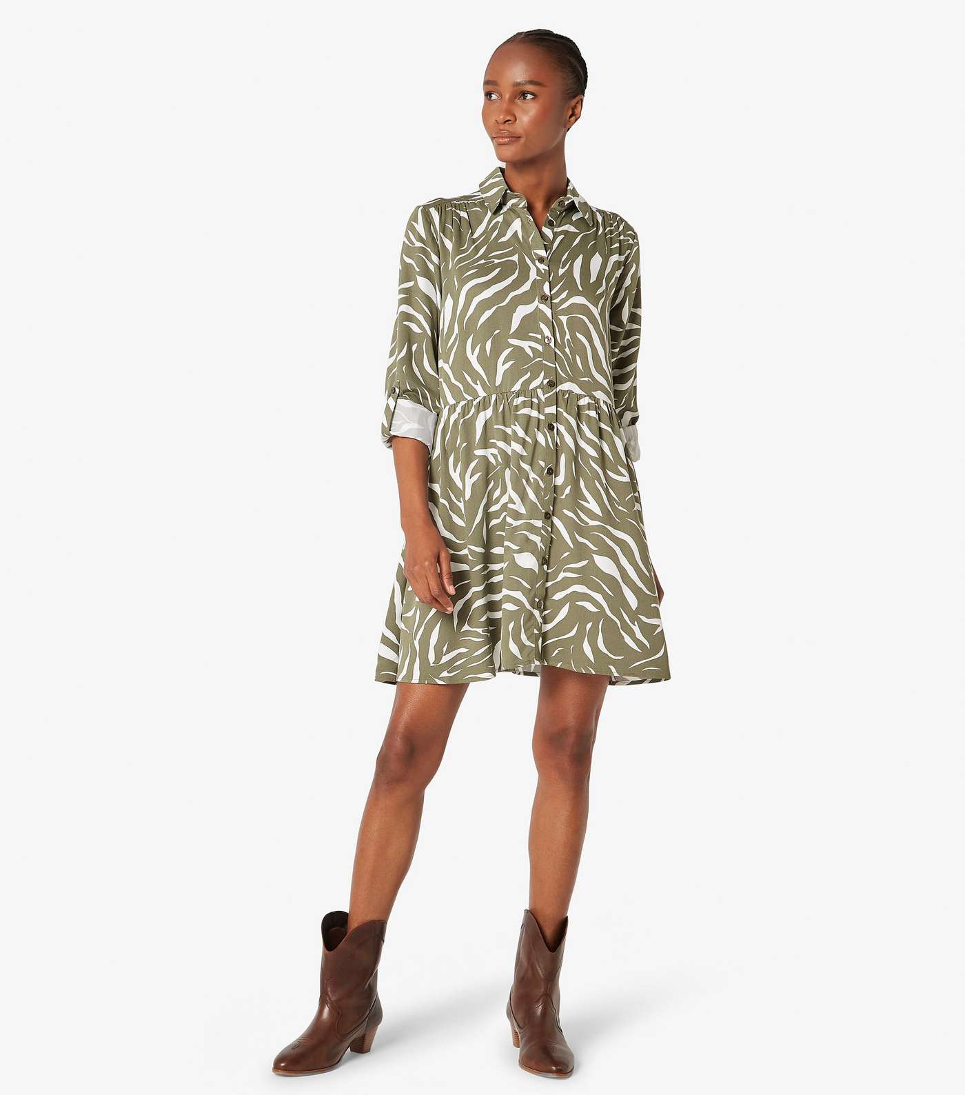 Apricot Green Zebra Print Mini Shirt Dress Image 2