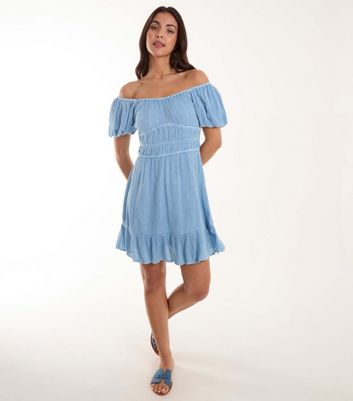 Blue Vanilla Blue Bardot Puff Sleeve Mini Dress New Look