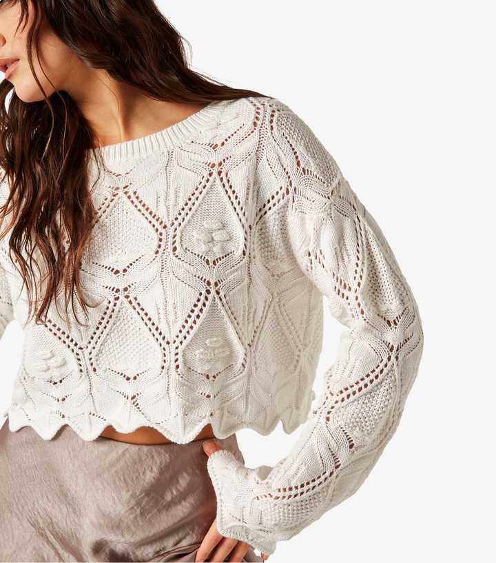 Women's White Crochet Lace Pointelle Knit Sweater