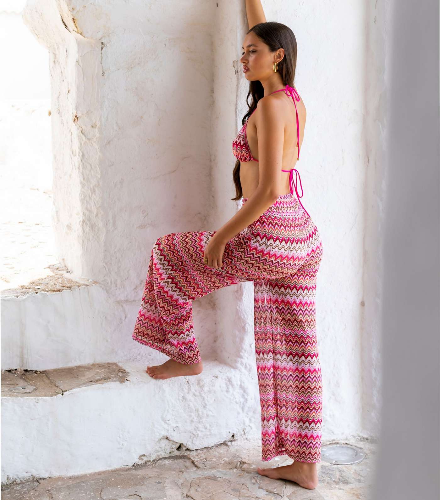 South Beach Pink Crochet Wide Leg Beach Trousers Image 3