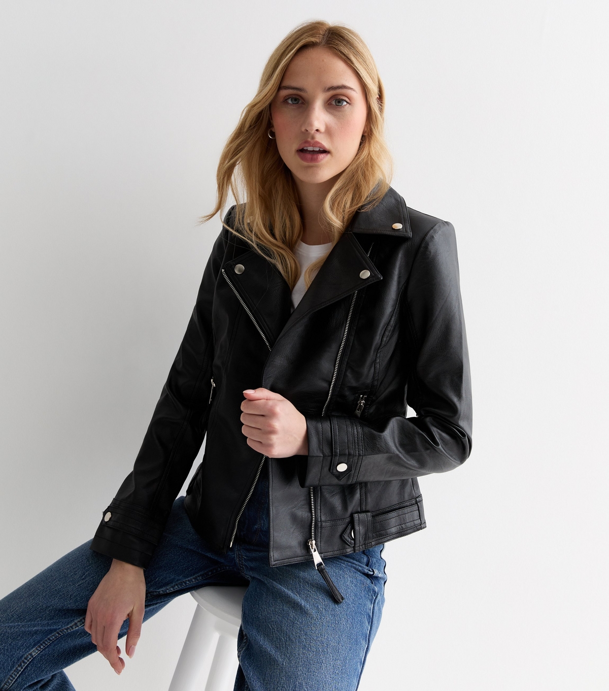 Women's Black Leather-Look Biker Jacket Gini London New Look