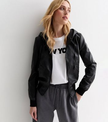 Gini London Black Leather-Look Hooded Biker Jacket | New Look