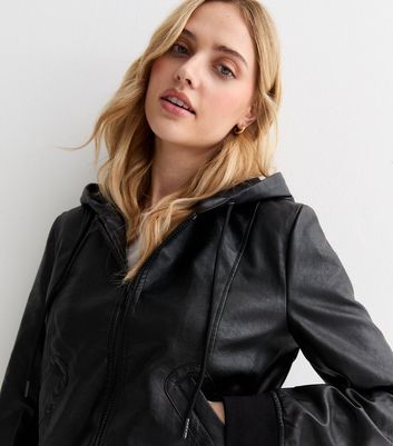 Gini London Black Leather-Look Hooded Biker Jacket New Look
