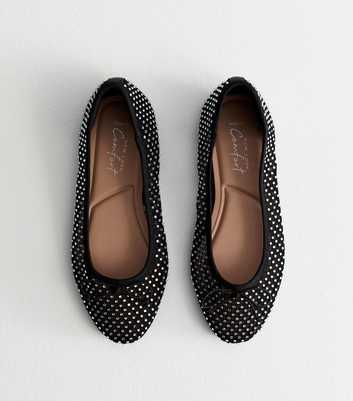 Wide Fit Black Mesh Rhinestone Embellished Ballet Pumps