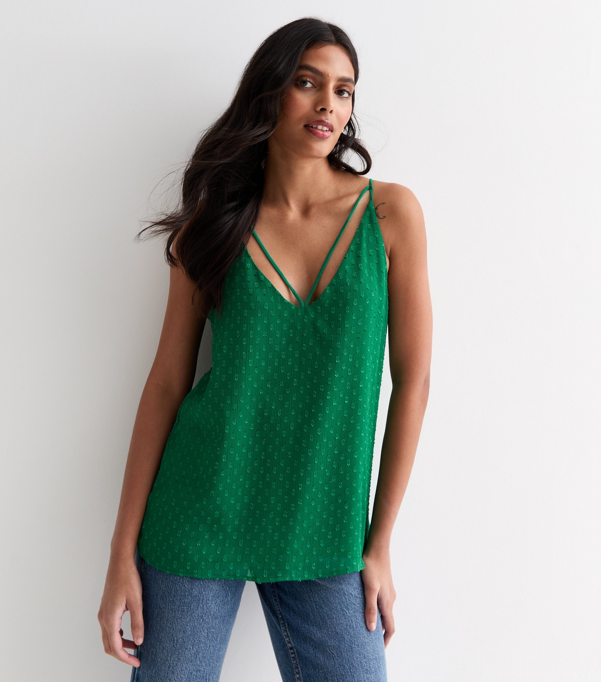 Women's Green Embroidered Chiffon Cami Top Gini London New Look