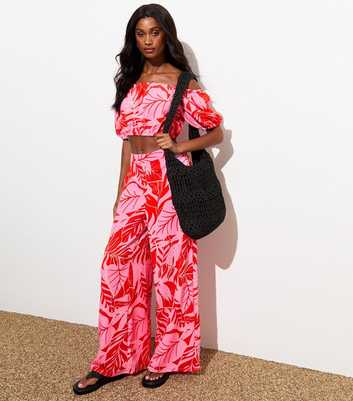 Pink Tropical-Print Wide-Leg Trousers