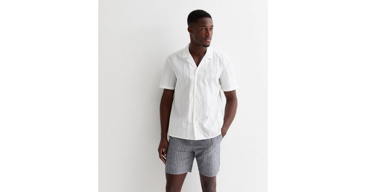 Only & Sons Navy Linen-Cotton Stripe Print Drawstring Shorts | New Look