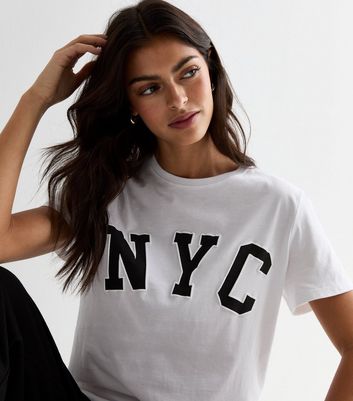 White Cotton NYC Logo T-Shirt New Look