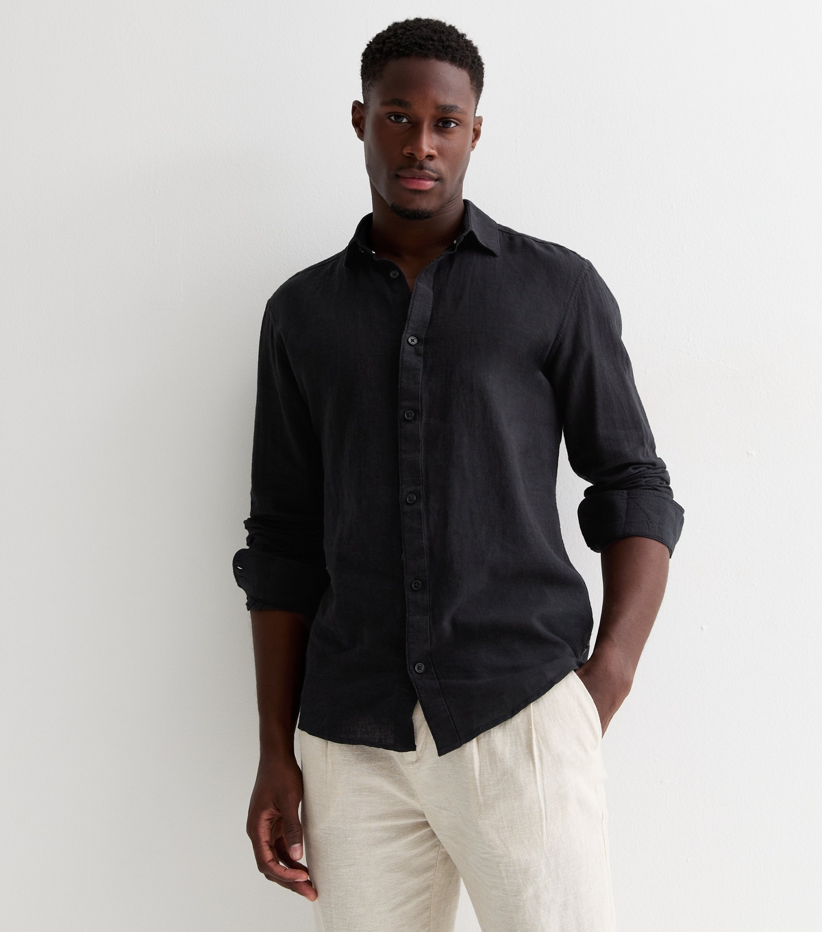 Men's Black Linen-Blend Long Sleeve Shirt Only and Sons New Look