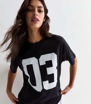 Black Cotton 03 Logo Oversized T-Shirt New Look