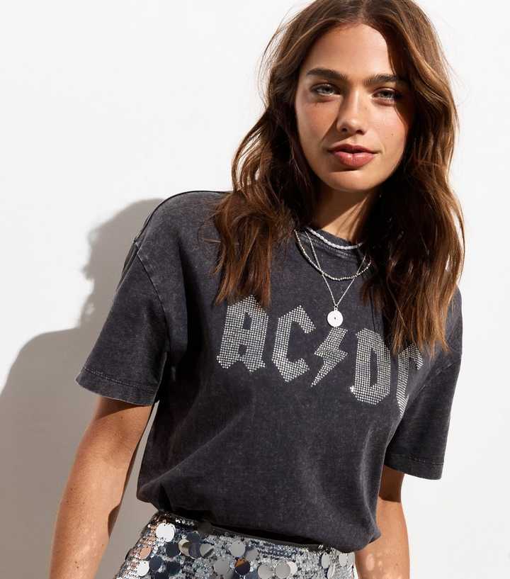 Dark Grey ACDC Logo Oversized Cotton T-Shirt | New Look